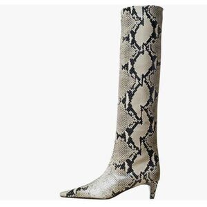 miss left Women Stretchy Knee High Boots Closed Square Toe Kitten Heel Snakeskin